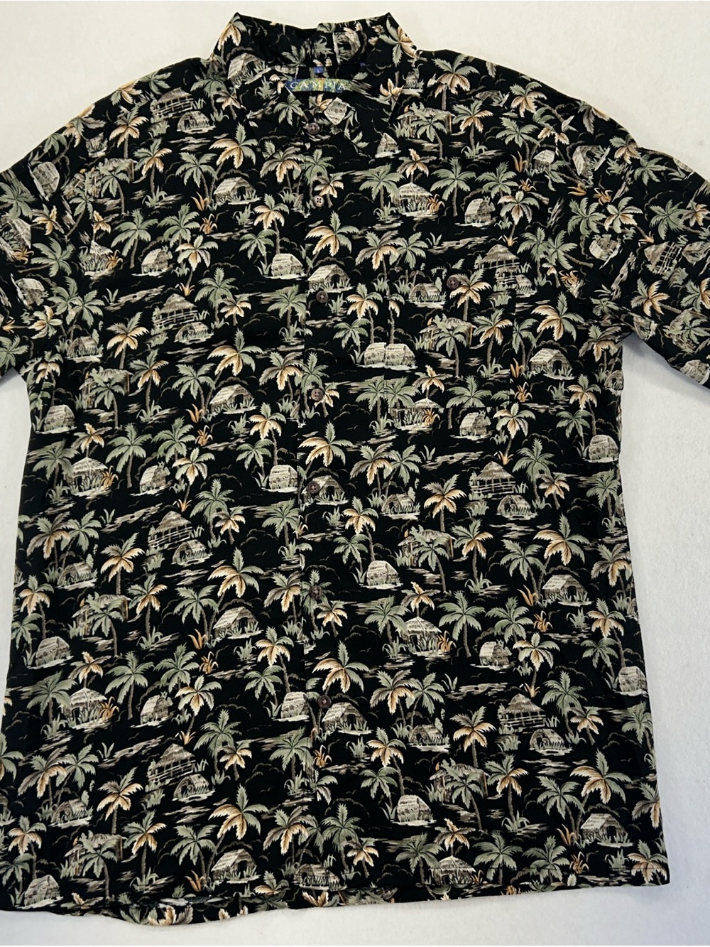 Campia Men’s Large Hawaiian Shirt Black Tropical Palm Huts 100% Rayon Aloha